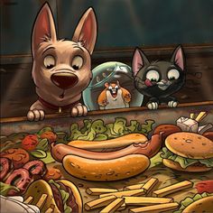 three cartoon dogs and two cats looking over a table full of hotdogs, hamburgers, and french fries