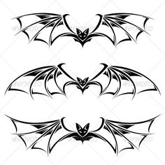 three black and white images of bats in the shape of heart, with wings spread out