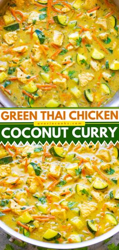 green thai chicken coconut curry in a white bowl with the title overlay above it