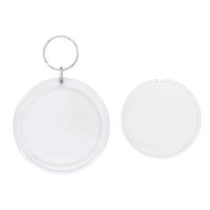 two clear plastic round tags on a white background, one with a metal ring and the other without