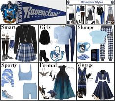 a collage of blue and black outfits with the words ravenclaw on them