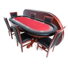 a black and red poker table with chairs around it on an isolated white background,