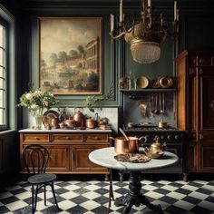 an old fashioned kitchen with green walls and checkered flooring