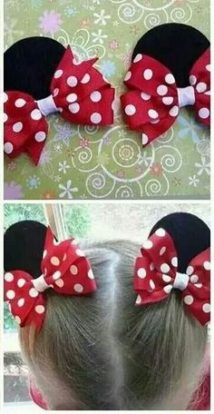 two pictures of minnie mouse ears with polka dots on them and one has a red bow