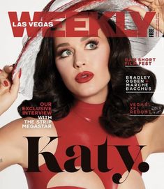 a woman in a red dress and white hat on the cover of magazine kaly