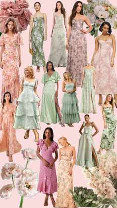 a collage of women in dresses and flowers