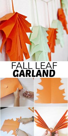 paper leaves are hanging from the ceiling and being cut out to make a fall leaf garland