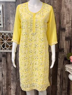 Chikankari kurtis made in India sizes are given by Bust measurement (inches) Festival Season, Womens Clothing Tops, Favorite Outfit, Art Collection, Bathing Beauties, Tops & Tees, India, Music Clothes, Yellow