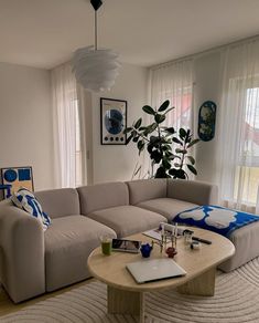 a living room with a couch, coffee table and potted plant in the corner