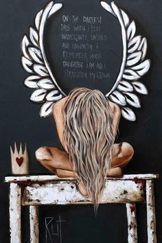 a painting of a woman sitting on top of a table with an angel wings above her head