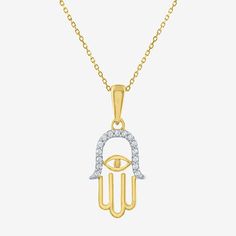 This women's pendant necklace showcases a hamsa design adorned with round-cut natural diamonds, making it a perfect piece to gift someone special or add a meaningful touch to your collection. It's crafted from 10K Yellow Gold and suspended from a cable chain. Features: Adjustable, Quick ShipDiamond Clarity: I3Jewelry Closure: Spring Ring ClaspSetting: ProngShape: HamsaStone Cut: RoundDiamond Color: I-JMetal Color: YellowChain Length: 18 InchPendant Length: 19mmPendant Width: 9mmRounded Carat Wei Symbolic Pendant Necklace With Diamond Accents, Hamsa Design, Gold Hamsa, Hamsa Pendant, Buy List, 10k Gold, Spring Rings, Cable Chain, White Diamond