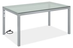 an office desk with a glass top and metal legs, viewed from the front view