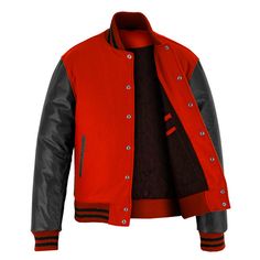 Varsity Letterman Baseball Red Wool and Black Genuine Leather Sleeves Jacket If your required Size & Color Combination is not listed then please contact with us We will respond you as soon as possible the estimated time is 12 Hours, All Sizes & Color Combinations are Available. The quality of the varsity jacket is the finest in the field. 100% high quality Wool. A fine quilt lining with Wool trimmed inside pocket are all part of the complete package. Each varsity jacket design is faithfully cust Leather Sleeve Jacket, School Jacket, Varsity Letterman Jackets, Retro Sports, Leather Sleeves, Letterman Jacket, Leather Sleeve, Red Wool, Trim Color