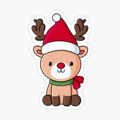 a cartoon reindeer with a santa hat and scarf sticker on it's face