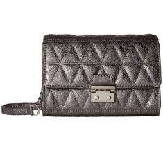 Michael Kors Ruby Metallic Quilted Clutch Cross Body Bag Pewter/Silver  Adjustable chain link and leather crossbody strap Pushlock flap closure; lined Exterior slip pocket, four interior card slots 7"W x 2.5"D x 5"H; 20.5" to 24" strap drop Leather; lining: polyester Silver Luxury Crossbody Clutch, Luxury Silver Crossbody Clutch, Silver Crossbody Clutch With Chain Strap, Silver Rectangular Wallet On Chain With Strap, Michael Kors Silver Rectangular Shoulder Bag, Classic Silver Shoulder Bag With Chain Strap, Silver Rectangular Wallet On Chain For Everyday Use, Silver Wallet On Chain For Everyday Use, Michael Kors Silver Shoulder Bag For Evening