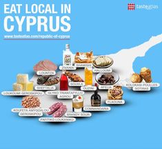 a map with different types of food on it and the words eat local in cyprus