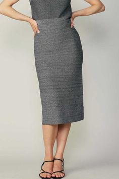 Chic sweater pencil midi skirt, available in green and grey. Pair with our half zip turtleneck sweater (Style #2330010) for the complete look! 55% Viscose, 45% Polyester Chic Winter Midi-length Pencil Skirt, Winter Chic Midi-length Pencil Skirt, Business Casual Midi Length Bottoms For Fall, Stretch Midi-length Winter Bottoms, Gray Pencil Skirt For Fall, Gray Pleated Skirt For Fall, Fall Office Midi-length Pencil Skirt, Midi Length Bottoms For Office In Fall, Gray Knee-length Bottoms For Fall