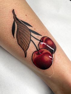 Tattoo on a leg, cherrys with brown leaf Cherry Tattoo Traditional, Cherry Tree Tattoos, Cherry Tattoo, Fruit Tattoo, Best Tattoo Ever, Cherry Tattoos, Scale Tattoo, Tattoo Traditional, Tatuaje A Color