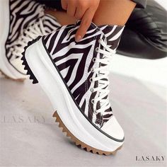 Lasaky - Fashionable high-top canvas shoes with thick platform and heightened sole design Zebra Shoes, Mens Sandals Beach, Zebra Canvas, Ankle Sneakers, Dressy Skirts, Womens Summer Shoes, Canvas Shoes Women, Jeans Material, Lacing Sneakers