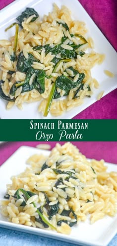 spinach parmesan orzo pasta with cheese and spinach on the side