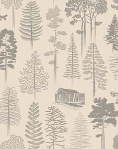 a wallpaper with trees and houses in grey on a white background for the walls