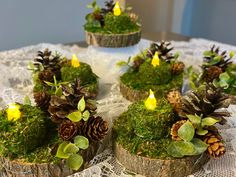 small pine cones with moss and lit candles on a lace doily covered tablecloth