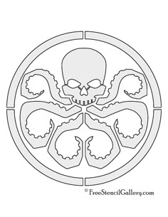 a drawing of a skull in the center of a circle with other skulls around it