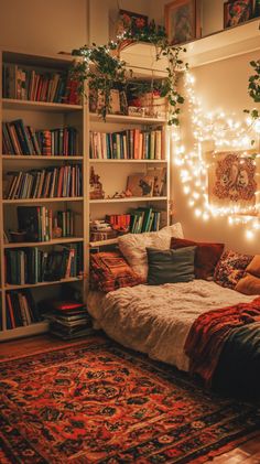 a bedroom with bookshelves, lights and a bed covered in blankets on the floor