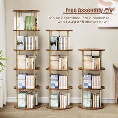 Rotating Bookshelf, 4 Tier Spinning Bookshelf Tower, 360° Display Unique Round Bookcase, Floor Standing Corner Revolving Bookshelf Storage Organizer for Small Spaces, Home Study Office, Gold