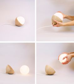 four different views of the same light being used to make a lamp with two hands