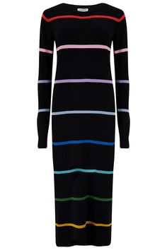 Liselle Midi Knit Dress Black, Rainbow Stripes Midi Knit Dress, Knit Dress Black, Muted Rainbow, Dark Colours, Textured Yarn, Black Rainbow, Knit Midi Dress, Knitwear Cardigan