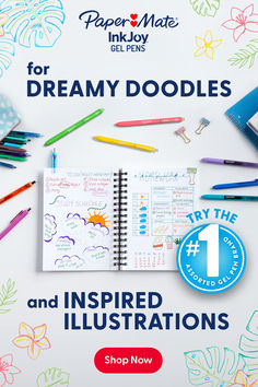 an open notebook with markers and pencils on it, next to the words dream doodles and inspired illustrations