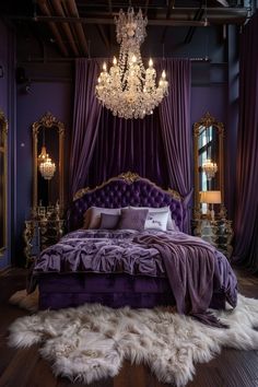 a bedroom with purple and gold furniture, chandelier, and fur rugs