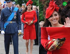 the royal couple are wearing red outfits and hats