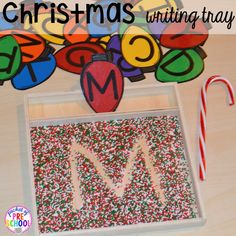 christmas writing tray with candy canes and letters