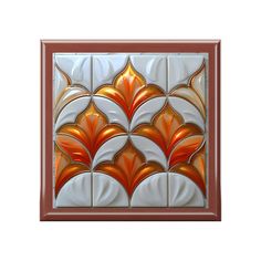 a decorative glass panel with orange and white designs