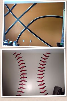 two pictures of baseballs in different stages of being painted on the wall, and one is