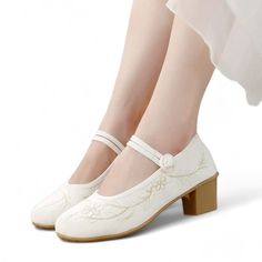 ❁Embrace Timeless Elegance and Natural Beauty: Embroidered Leaf Block Heels ❁Step into a world of effortless style and subtle sophistication with our captivating embroidered leaf block heels!  Featuring a classic block heel design with a comfortable 4.5cm/1.8-inch height, these heels offer both style and comfort for all-day wear.  The meticulously embroidered leaf design adds a touch of natural beauty and artistic flair to your everyday look.  Choose between two stunning color options: crisp whi