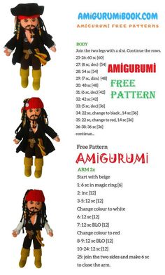 the pirate doll is shown in four different poses and sizes, including one with red hair