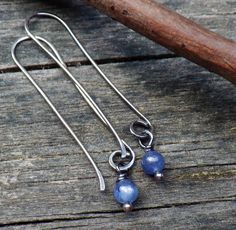 Kyanite sterling silver long dangle earrings by LisasLovlies Handmade Dainty Long Drop Linear Earrings, Dainty Handmade Linear Long Drop Earrings, Blue Stone Earrings, Wrapping Tutorial, Metal Smithing, Wrapped Earrings, Jewelry Sale, Long Dangle Earrings, Silver Dangle Earrings