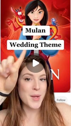 a woman is holding her hand up in front of her head with the words mulan wedding theme on it