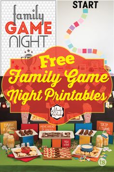 the family game night printables are on display for everyone to enjoy and eat