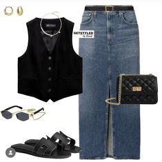 How To Style Sleeveless Denim Jacket, Denim Vest Maxi Skirt Outfit, Button-up Denim Vest For Summer Day Out, Casual Button-up Denim Vest For Day Out, Trendy Summer Button-up Denim Vest, Summer Denim Outfits, Denim Waistcoat, Classy Street Style, Women's Vest