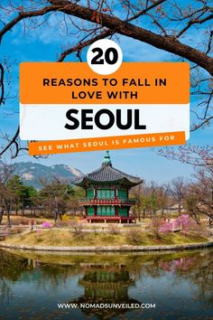 a pagoda with the words 20 reasons to fall in love with seoul