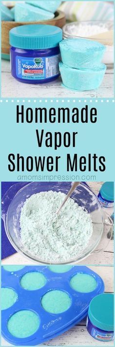 homemade vapor shower melts in blue bowls and on top of each other with text overlay that reads homemade vapor shower melts