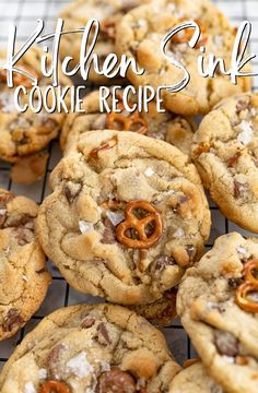 cookies on a cooling rack with the words kitchen sink cookie recipe written in white letters