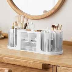 an organized makeup organizer on a dresser