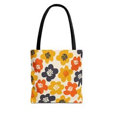 Vintage style flower-themed tote bag in deep orange and yellow hues, perfect for adding a cute touch to your fall outfits. The durable 100% polyester fabric makes it ideal for everyday use. This tote bag is relevant to those who love vintage style florals and are looking for a practical accessory for shopping, errands, or carrying essentials. Perfect for fall season and Thanksgiving holiday. Product features - 100% Polyester body for strength and quick drying - Reinforced stitching on handles for added durability - Boxed corners for extra room - 5 color handle options for customization - Available in 3 sizes to match customer needs Care instructions - Remove all items from the bag before cleaning. Suggested to pretreat visible stains with stain remover. Mix warm water with laundry detergen Vintage Yellow Shoulder Bag For Daily Use, Vintage Yellow Tote Shoulder Bag, Vintage Yellow Shoulder Bag, Retro Yellow Shoulder Bag For Daily Use, Everyday Yellow Floral Print Bags, Vintage Yellow Bag With Removable Pouch, Yellow Floral Print Bag For Daily Use, Yellow Floral Print Bags For Daily Use, Retro Yellow Bag For Daily Use