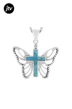 22x3mm and 6x3mm Composite Turquoise With 0.04ct Round White Topaz Sterling Silver Cross Butterfly Enhancer With 18" Singapore Chain. Measures Approximately 1.67"L x 1.48"W And 4.5mm Bail. Lobster Claw Clasp Closure With 2" Extender. Oxidized. This Product Contains Composite Turquoise. This Means Separate Pieces Of Turquoise Were Bound Together. Turquoise Sterling Silver Cross Pendant, Turquoise Sterling Silver Cross Pendant Jewelry, Sterling Silver Cross, Silver Cross, Blue Turquoise, White Topaz, Turquoise Sterling Silver, Turquoise Blue, Lobster Claw