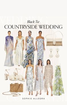 an advertisement for the black tie countrysideside wedding, featuring women in dresses and accessories